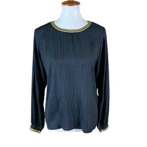 Culture Demet Blouse Black‎ Pinstripe Long Sleeve Gold Trim Size Small